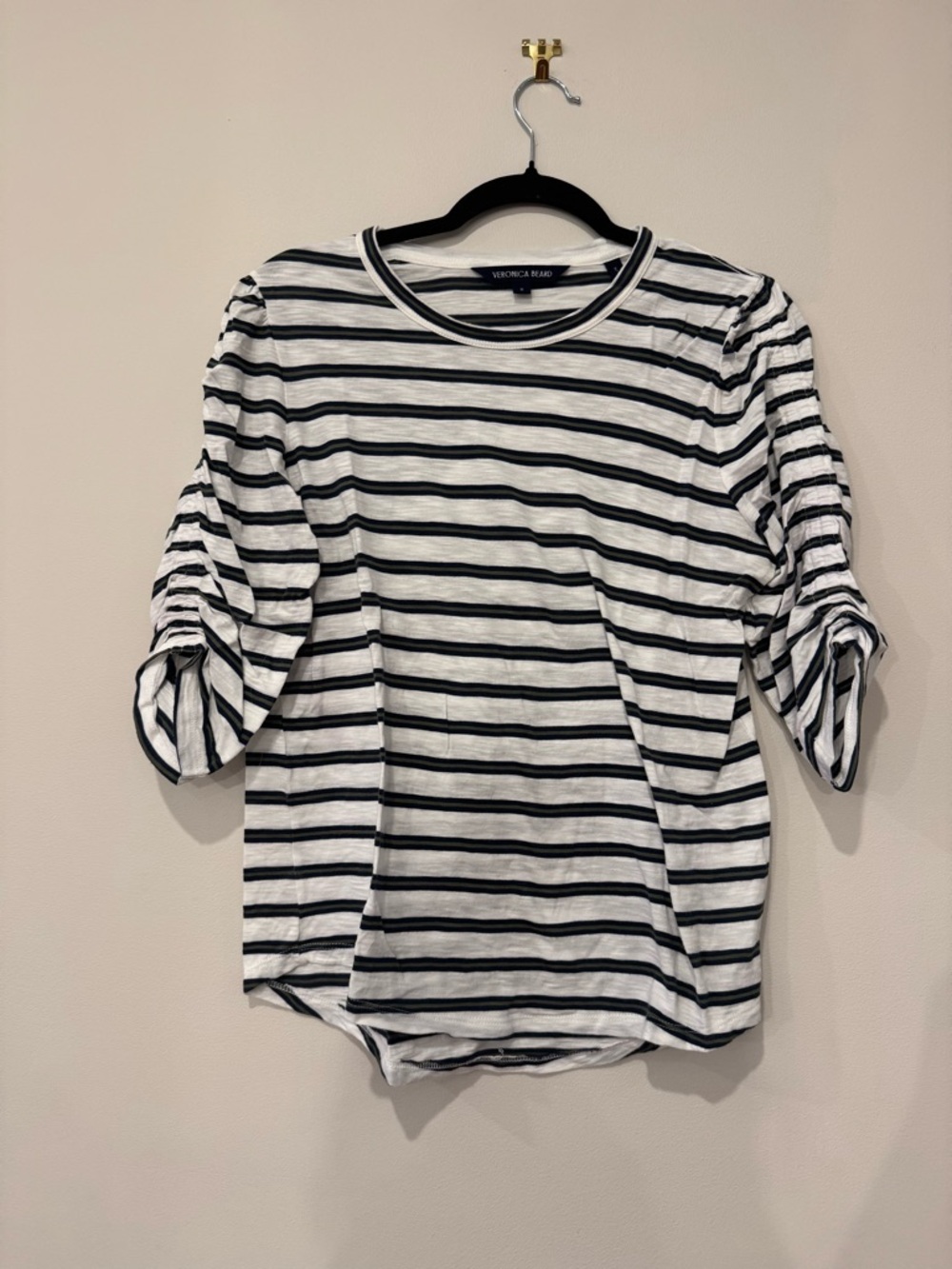 Veronica Beard Black & White Striped Puff-Sleeve Tee